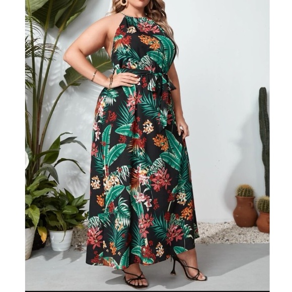 Boho plus size tropical leaves print split thigh belted maxi dress - Picture 2 of 7